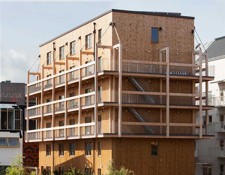 Trähus med hyresrätter i Vallastaden. Byggherre är BoPro och arkitekter Spridd. Foto: Erik Claesson.