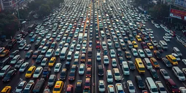 rows of cars on the highway long traffic jams. Generative AI