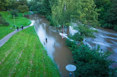 Overflowing river, Heavy rains have caused high flows and flooding on Svartån river in Västerås in the beginning of autumn of 2023