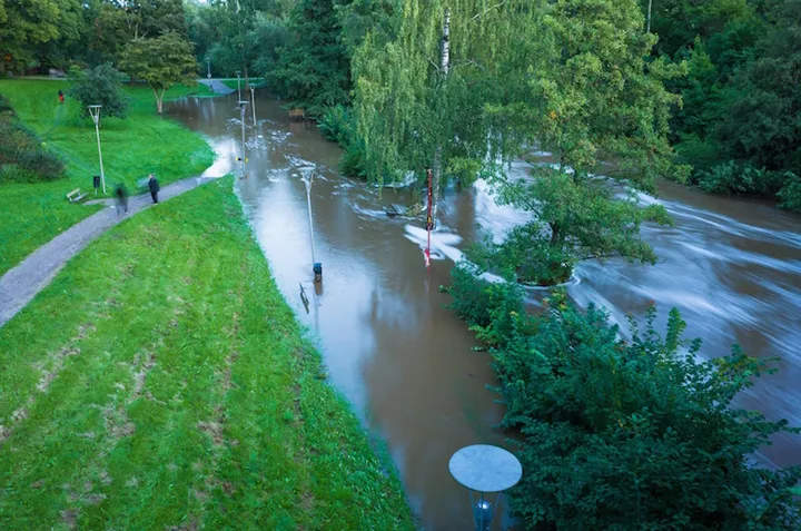 Overflowing river, Heavy rains have caused high flows and flooding on Svartån river in Västerås in the beginning of autumn of 2023