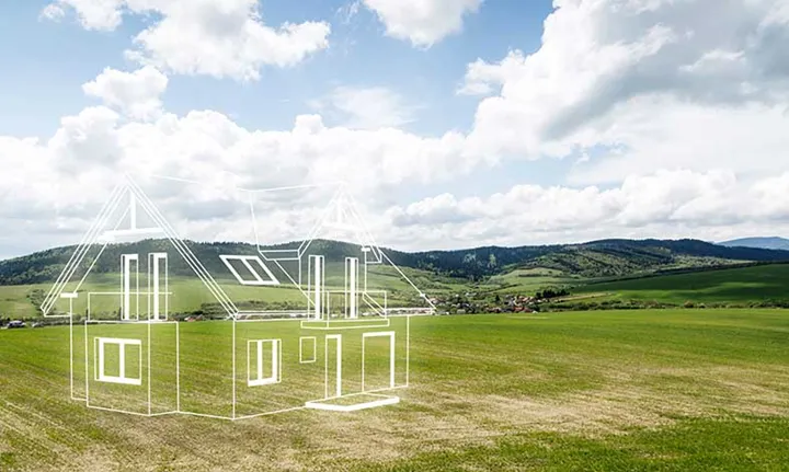 House project on the meadow. Concept of dreams about a new home. Contours of the house in 3d on a meadow.