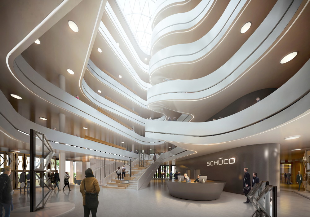 Ett dynamiskt atrium kommer att utgöra en arkitektonisk höjdpunkt och bli till en central mötesplats. Rumsdesignen är tänkt att skapa en öppen och kommunikativ arbetsmiljö för att främja dialog och kunskapsutbyte.