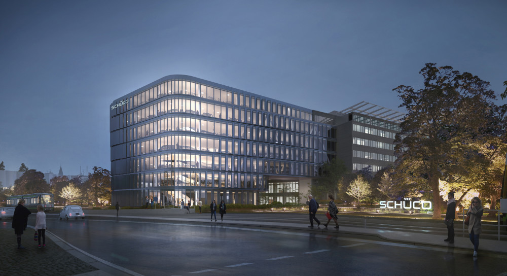 Den planerade nya byggnaden med dess eleganta fasad kommer att byggas ihop med existerande huvudbyggnad via en fem våningar hög glasbro över Schücostraße.